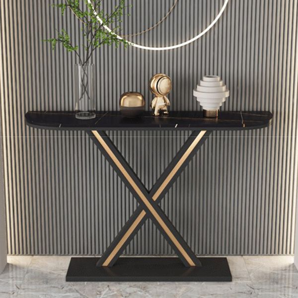 Half Moon Stone Top Accent Table with Black Iron Pedestal Base Clearhalo 'Console Tables' 'console_tables' 'Entry & Mudroom Furniture' 'furn' 'furn_console_tables' 'Furniture' 1200x1200_30418266-203f-4a67-81f3-6888d48c4515