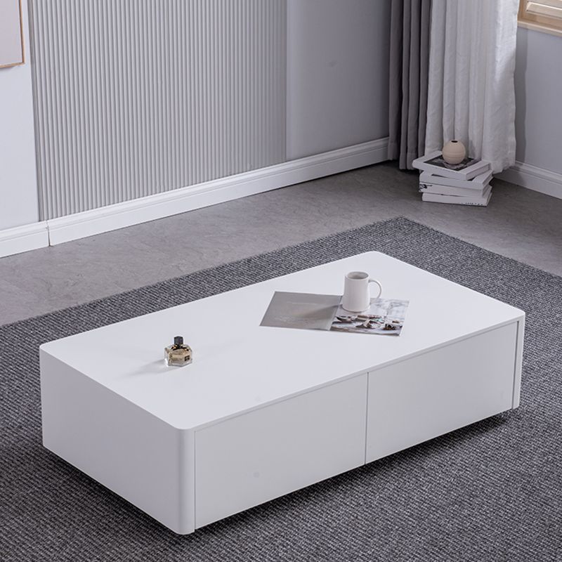4 Drawers Contemporary Coffee Table in White Solid Wood 13.8" H Cocktail Table