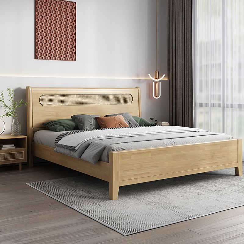 Rectangular Natural Standard Bed Solid Wood and Rattan Panel Bed Rubberwood Clearhalo 'Bedroom Furniture' 'Beds' 'furn' 'furn_beds' 'Furniture' 1200x1200_3060d661-b284-4c4d-8e0e-f4b236384105
