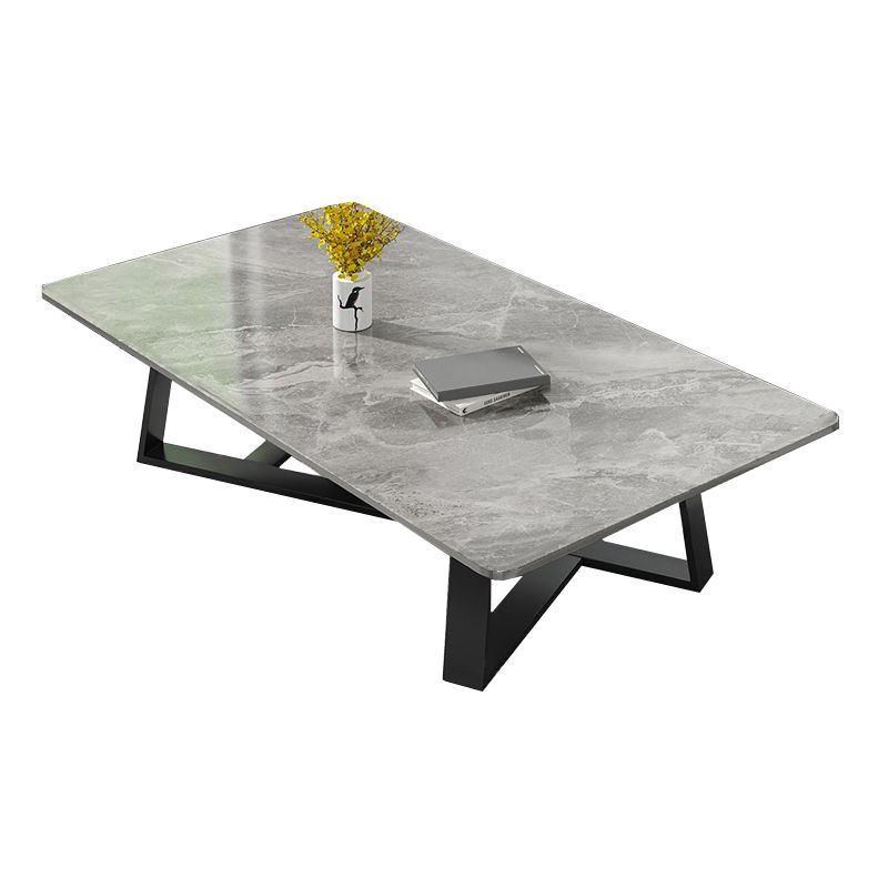 Modern Rectangle Coffee or End Table Stone and Steel Coffee Table with Cross Legs
