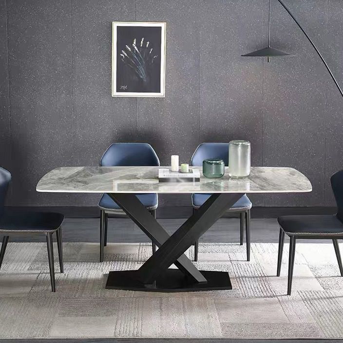 Rectangle Traditional Luxury Dining Table Grey Sintered Stone Table with Black Metal Pedestal Base Clearhalo ' dining_table' 'Dining Tables & Seating' 'Dining Tables' 'furn' 'furn_dining_table' 'Furniture' 'furniture_dining_table' 'Kitchen & Dining Furniture' 'kitchen&dining_furn' 'kitchen' 'kitchen_dining_table' 1200x1200_30759ef7-6430-45cb-a9d9-ed11cb0202cd