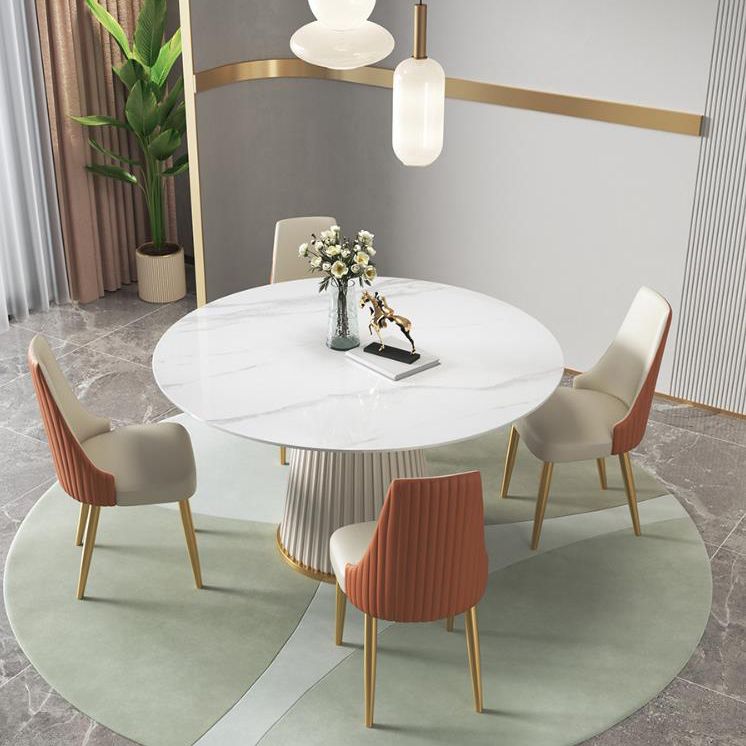 Sintered Stone Top Dining Table in White Luxury Kitchen Table with Pedestal Base