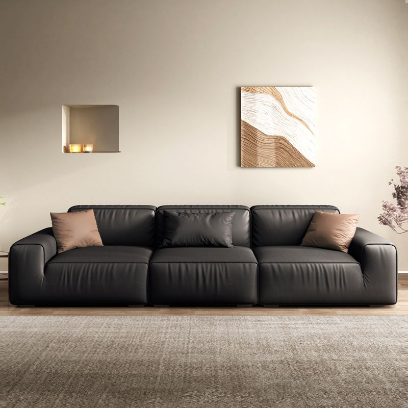 Industrial Black Genuine Leather Cushions Square Arm Living Room Settee