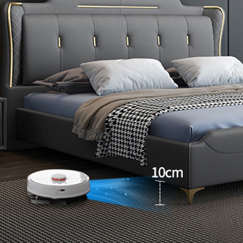 Cama de panel glamoroso de cuero sintético con cabecera tapizada de madera