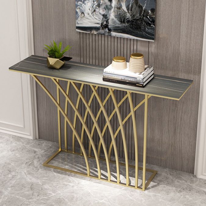 Glam Style Rectangle Top Accent Table with Abstract Iron Base for Hall