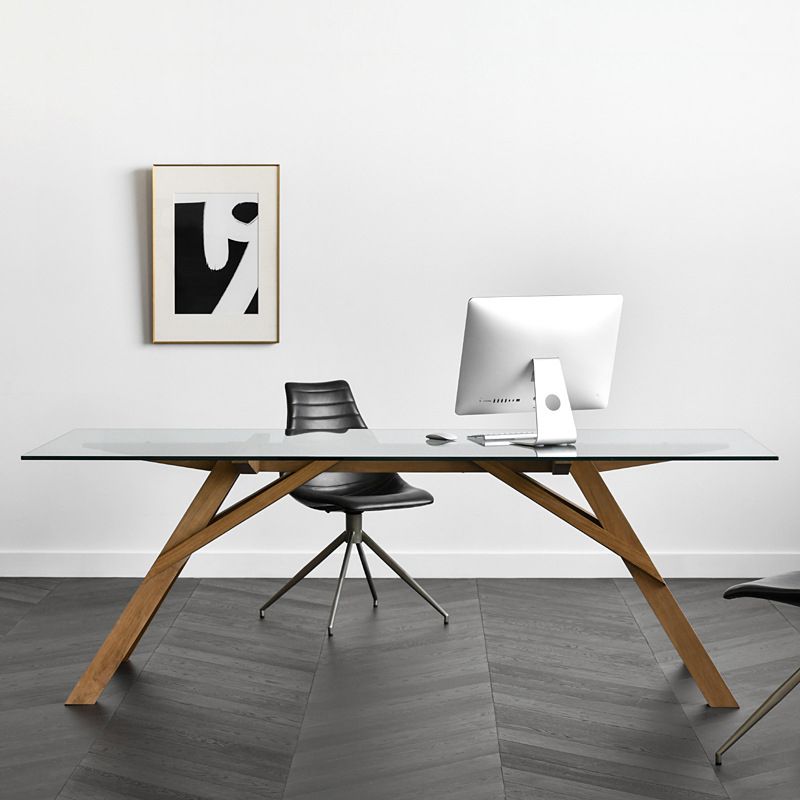 Table à manger en verre en verre moderne avec base en bois massif