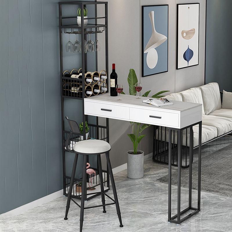 2-Drawer Modern Steel Bistro Table White Stone Top Indoor Bar Dining Table with Wine Rack Clearhalo 'Bar Furniture' 'Bar Tables' 'bar_tables' 'furn' 'furn_bar_tables' 'Furniture' 'furniture_bar_tables' 'Kitchen & Dining Furniture' 1200x1200_30fe44ba-3510-45df-b50f-f5aa4f4e73a2