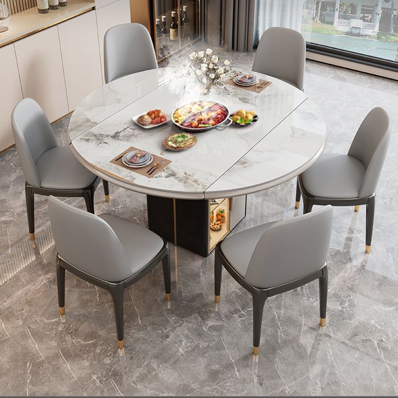 Round Modern Stone Dining Table Extendable for Small Spaces with Storage
