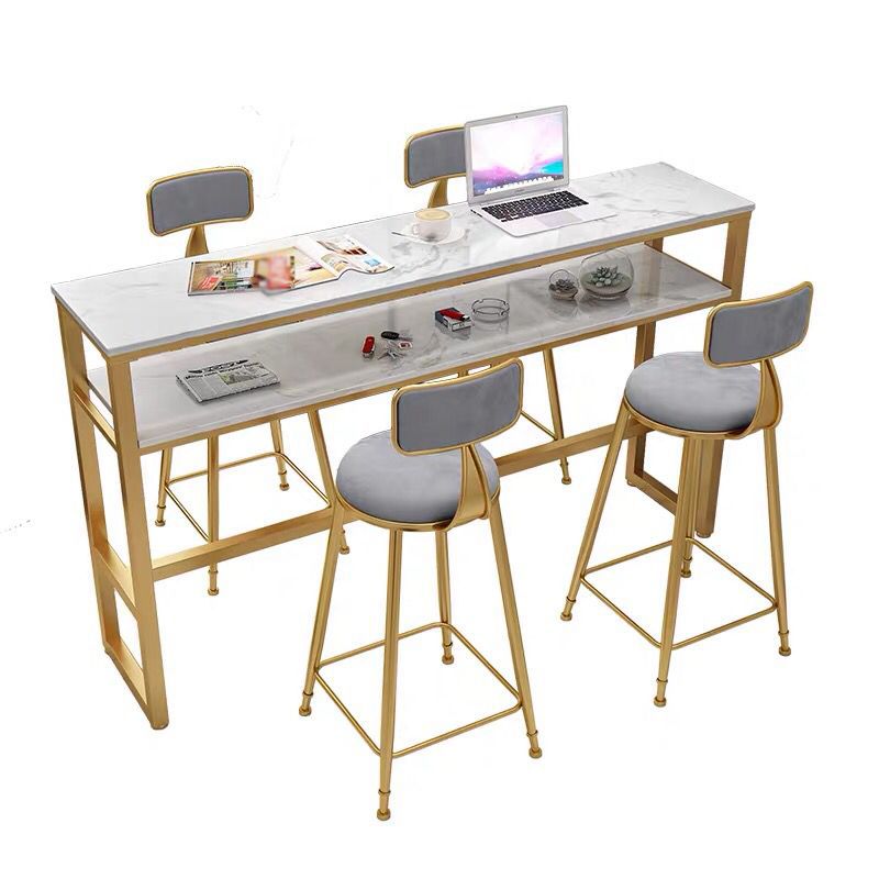 Glam White Marble Pub Table with Rectangle Table Top Gold Trestle Table - 42" H Clearhalo 'Bar Furniture' 'Bar Tables' 'bar_tables' 'furn' 'furn_bar_tables' 'Furniture' 'furniture_bar_tables' 'Kitchen & Dining Furniture' 1200x1200_31223501-e085-4778-b729-f54c4bb449dd