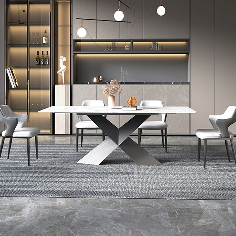 Mesa de comedor de piedra blanca rectangular moderna con pedestal doble de acero negro