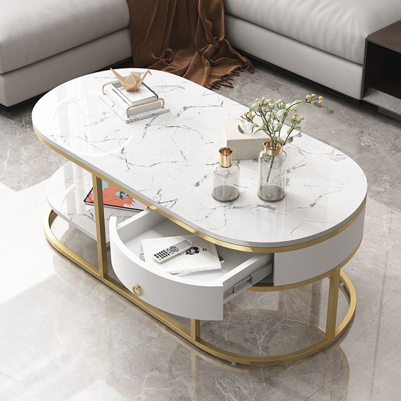 Glam Style Cocktail Table with Shelf and Drawer Stone Ova Top Coffee Table Clearhalo 'Coffee & Accent Tables' 'Coffee Tables' 'coffee_tables' 'furn' 'furn_coffee_tables' 'Furniture' 'Living Room Furniture' 1200x1200_31829558-c867-48e7-b9ba-f18dcb7b4f07