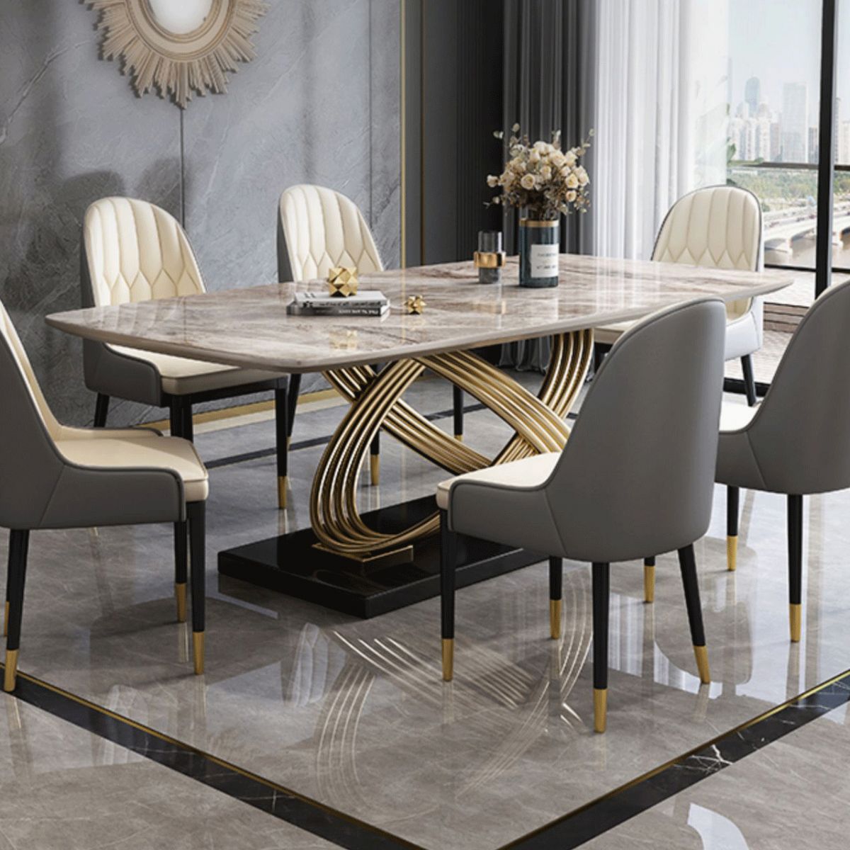 Mesa de comedor estilo Glam, mesa rectangular de piedra sinterizada con patas de metal para el hogar
