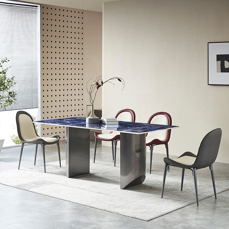 Mesa de comedor fija de piedra rectangular estilo simplicidad con pedestal doble