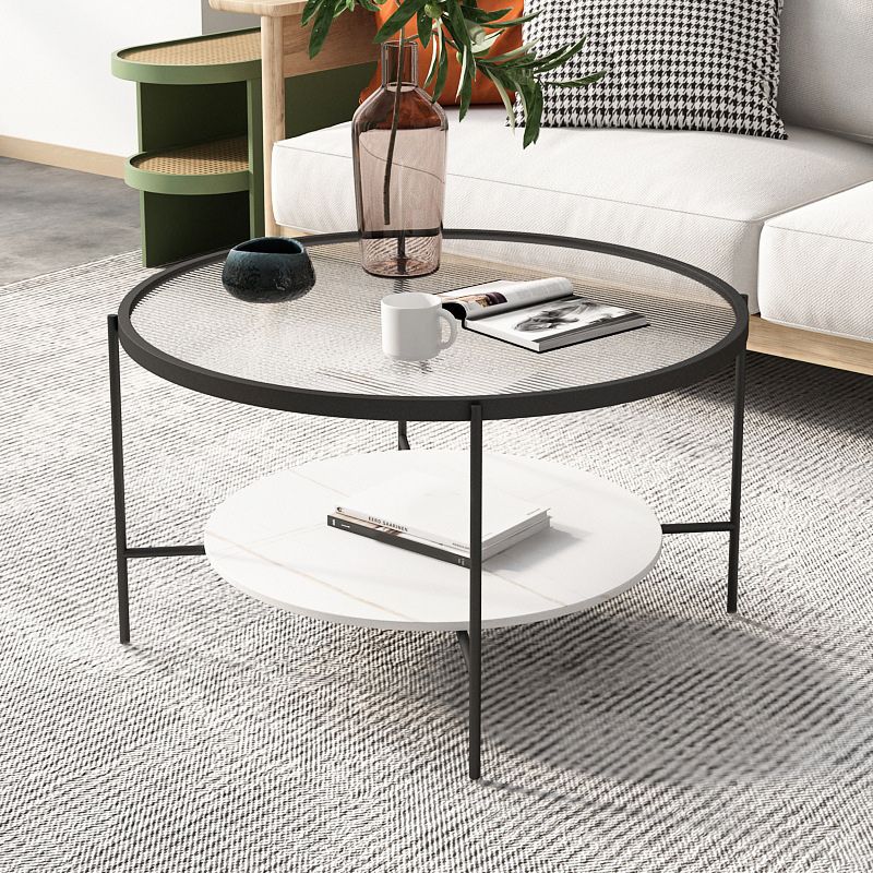 Modern Style Round Glass Table Plate Metal 4 Legs Base with Storage Rack Coffee Table Clearhalo 'Coffee & Accent Tables' 'Coffee Tables' 'coffee_tables' 'furn' 'furn_coffee_tables' 'Furniture' 'Living Room Furniture' 1200x1200_31d4fee4-a7ec-42fe-a508-703489cf1412