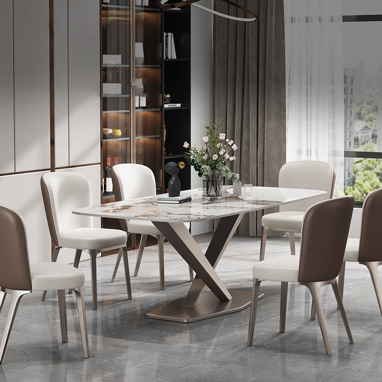 Contemporary Style Sintered Stone Dining Table with White Fixed Table and Trestle Base for Home Use Clearhalo 'Dining Room Sets' 'Dining Tables & Seating' 'dining_room_set' 'furn' 'furn_dining_room_set' 'Furniture' 'furniture_dining_room_set' 'Kitchen & Dining Furniture' 'kitchen&dining_furn' 'kitchen' 1200x1200_31db2413-1279-4ef3-b639-05a7f1123220