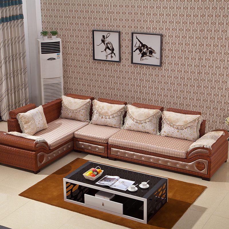 Rattan-Akzentsofa und Chaiselongue-Sofa im tropischen Stil mit Kissen
