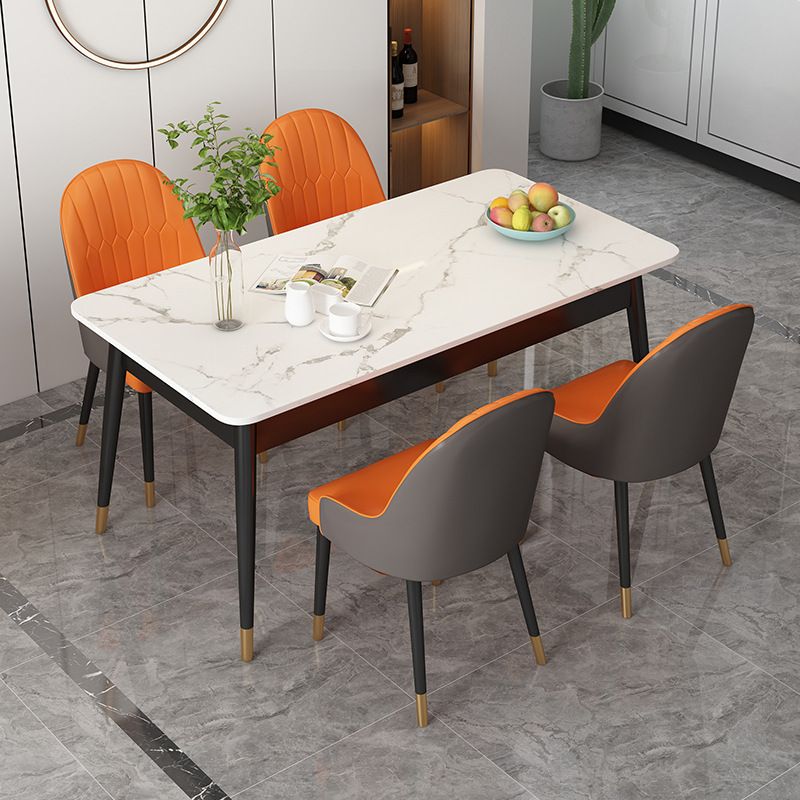 Table à manger rectangulaire de luxe blanc table supérieure en pierre fritrée avec 4 jambes de fer