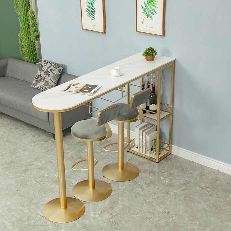 Glam White Stone Bar Dining Table Gold Iron Double Pedestal Bistro Table with Shelve Clearhalo 'Bar Furniture' 'Bar Tables' 'bar_tables' 'furn' 'furn_bar_tables' 'Furniture' 'furniture_bar_tables' 'Kitchen & Dining Furniture' 'kitchen&dining_furn' 'kitchen' 1200x1200_322859da-207f-437a-9c9b-1e5951613132