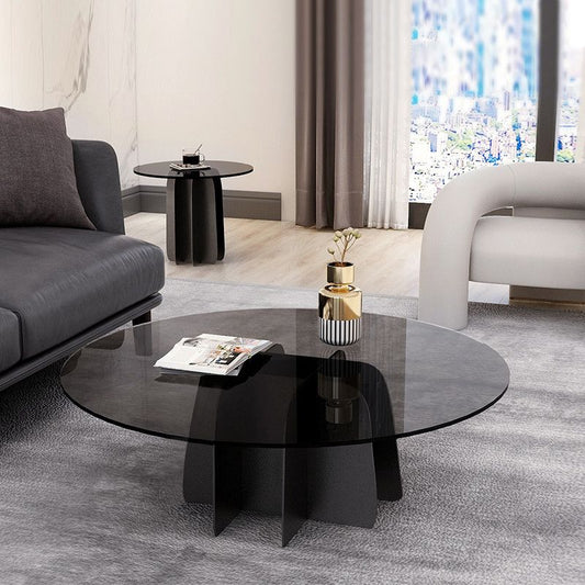 モダンスタイルの白いスレート＆グレーガラストップアイアンクラフトラウンドコーヒーテーブル