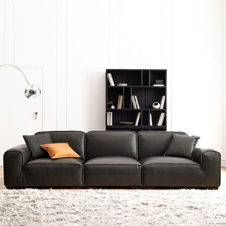 Canapé de bras carré en cuir authentique noir contemporain avec oreillers