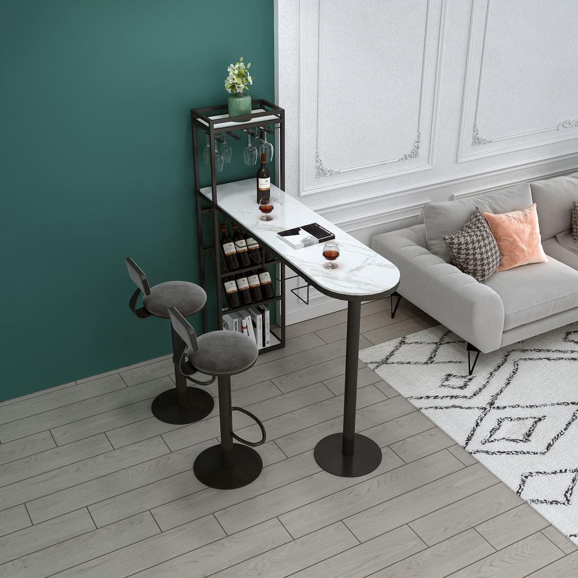 Glam Style Iron Bar Table 41.3"H Faux Marble White Top Bistro Table with Wine Rack Clearhalo 'Bar Furniture' 'Bar Tables' 'bar_tables' 'furn' 'furn_bar_tables' 'Furniture' 'furniture_bar_tables' 'Kitchen & Dining Furniture' 'kitchen&dining_furn' 'kitchen' 1200x1200_32492f4e-3280-4219-8b95-5e234ff9d781
