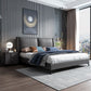 Grey Pine Wood Panel Bed Leather Bed Frame with Upholstered Headboard