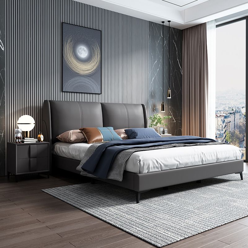 Grey Pine Wood Panel Bed Leather Bed Frame with Upholstered Headboard