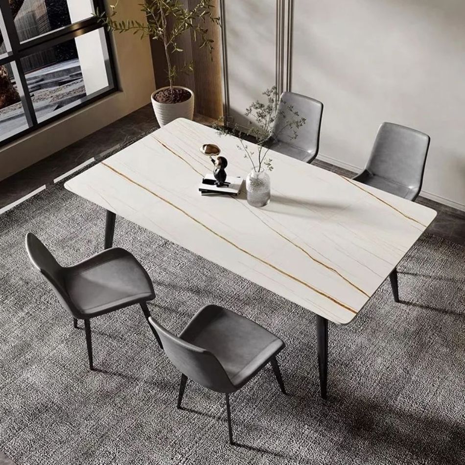 Modern Style Sintered Stone Dining Table with Rectangle Shape Table and 4 Black Legs Base Clearhalo 'Dining Room Sets' 'Dining Tables & Seating' 'dining_room_set' 'furn' 'furn_dining_room_set' 'Furniture' 'furniture_dining_room_set' 'Kitchen & Dining Furniture' 'kitchen&dining_furn' 'kitchen' 1200x1200_3284bdcc-7435-4760-a708-84da412b2841