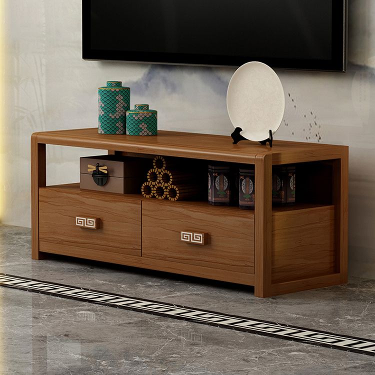 Meuble TV en bois d'hévéa marron Meuble TV style contemporain avec 2 tiroirs