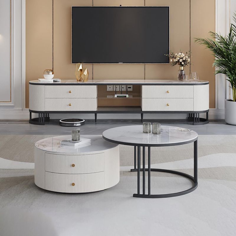 Contemporary Cocktail Table Round Glass / Slate Coffee Table with Drawers Clearhalo 'Coffee & Accent Tables' 'Coffee Tables' 'coffee_tables' 'furn' 'furn_coffee_tables' 'Furniture' 'Living Room Furniture' 1200x1200_32a134b8-1c8f-4575-b870-da1c1b567681