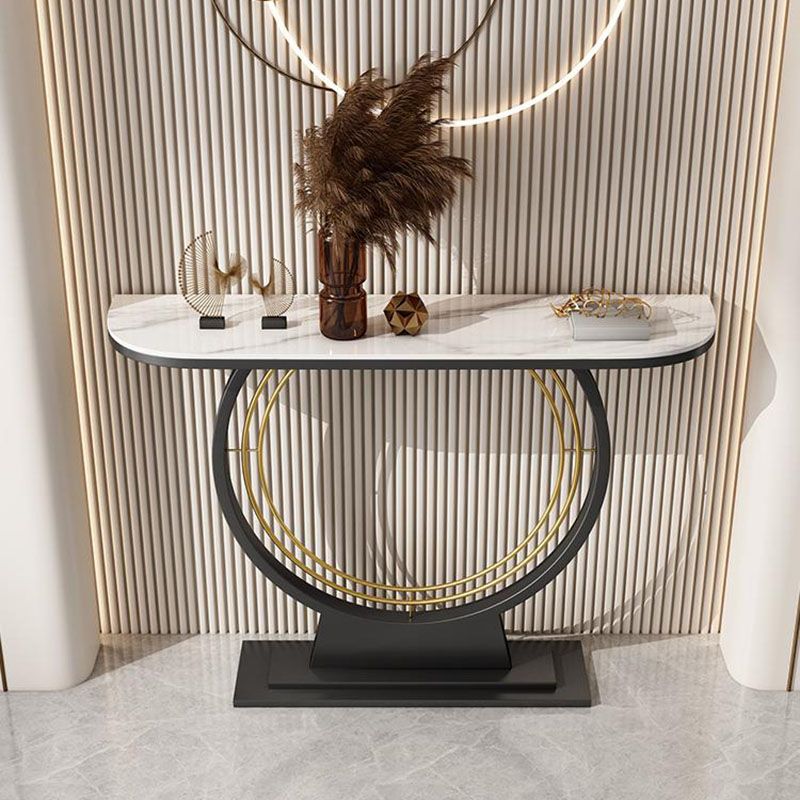 12 Inch Wide Glam Accent Table Half Moon Stone Console Table for Hall