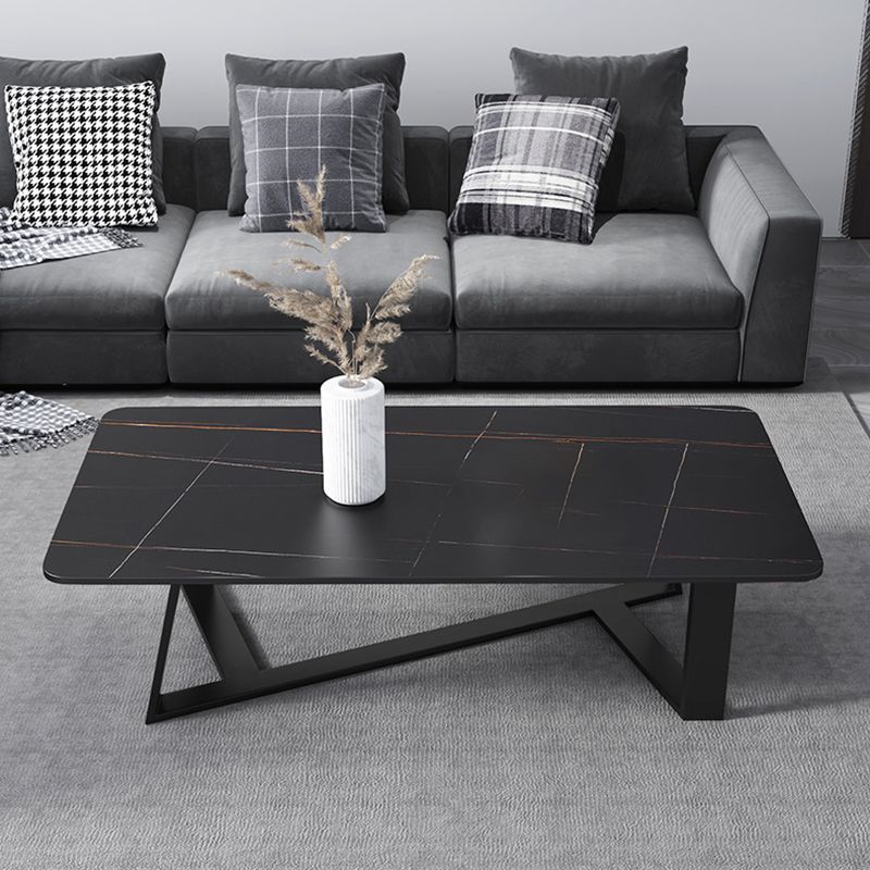 Rectangular Slate with Metal Cross Base Glam Style Coffee Table