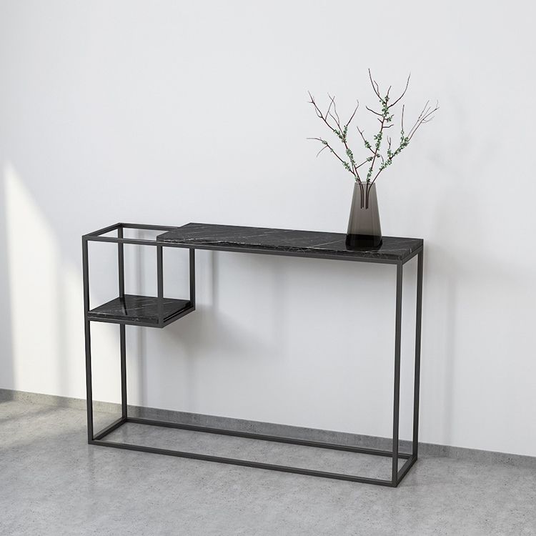 Tabella della console superiore in marmo rettangolo con scaffale di stoccaggio e base di ferro