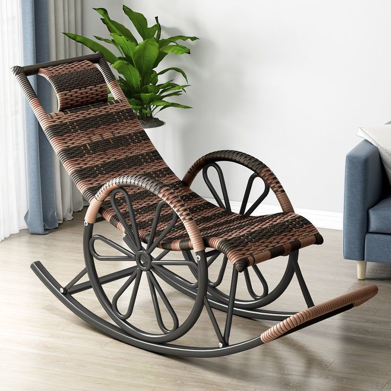 Rattan Modern Rocking Chair Woven Rope Rocker Chair in Black - Clearhalo