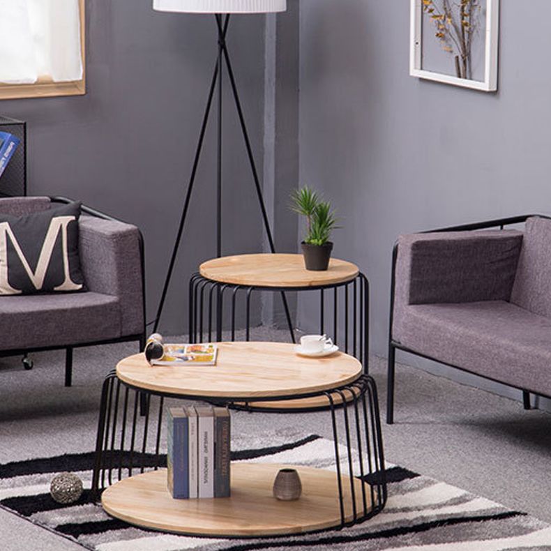 Round Solid Wood Coffee Table Drum Coffee Cocktail Table with Floor Shelf