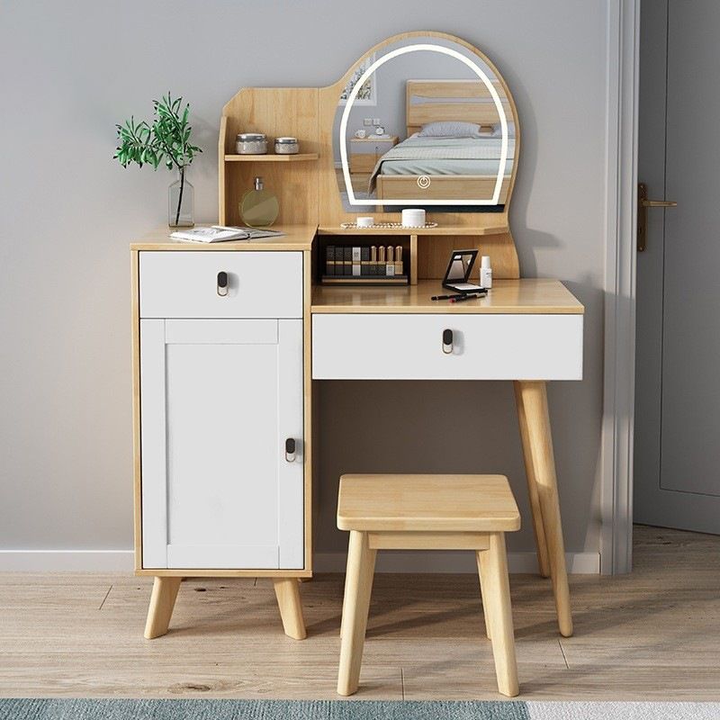 Rubberwood Vanity Set with Stool and Mirror Scandinavian Drawers Dresser Clearhalo 'Bedroom Furniture' 'furn' 'furn_makeup_vanities' 'Furniture' 'Makeup Vanities' 'makeup_vanities' 1200x1200_3331e747-3d7d-4d5b-ab6a-fc7e5cf32936
