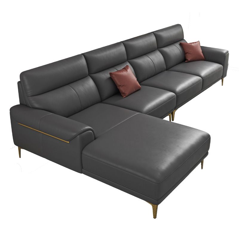 Dark Gray Genuine Leather Sofa and Chaise Pillow Top Arm Sectional for Living Room Clearhalo 'furn' 'furn_sectionals' 'Furniture' 'furniture_sectionals' 'Living Room Furniture' 'Sectionals' 1200x1200_3332aeeb-e352-4a74-904d-b2bad303b8f0