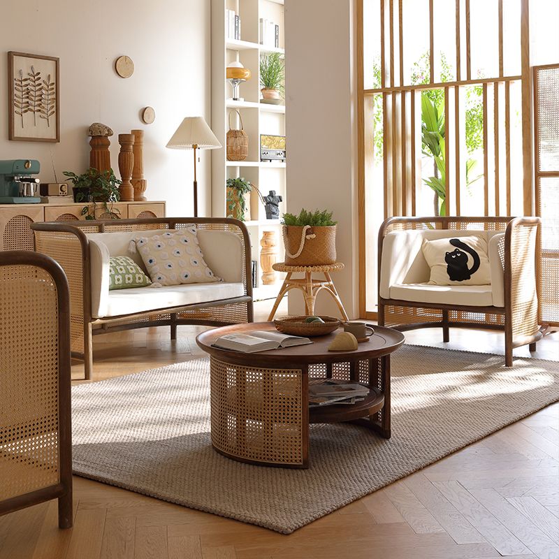 Beige Cushions Sofa in Rattan Accent Tropical Sofa with Tuxedo Arm