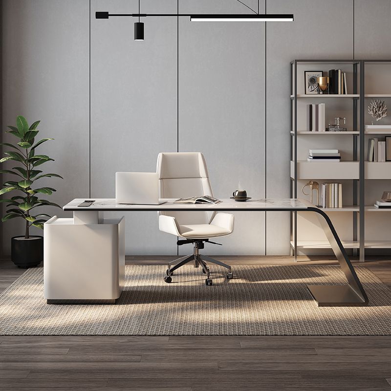 Modern Stone Office Desk Rectangular Shape Task Desk with Drawers in White Clearhalo 'furn' 'furn_office_desk' 'Furniture' 'Office Desks' 'Office Furniture' 'office_desk' 1200x1200_3342d3d8-2ad9-48d4-9c4c-c7d2f557118f