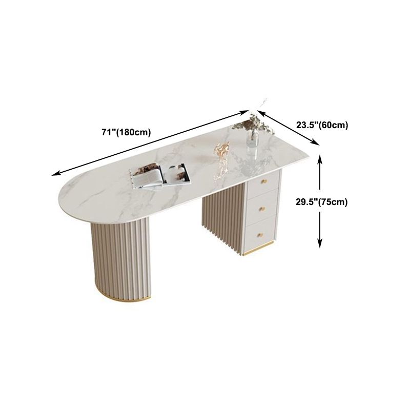 Escritorio de escritura de piedra beige con pedestal de oficina de oficina de base de metal cromado