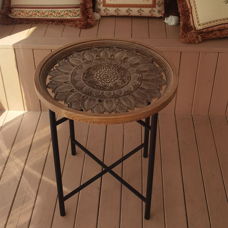 Dia 19.7" Cross Legs End Table Distressed Wood Side Table with Engraved Design Clearhalo 'Coffee & Accent Tables' 'End & Side Tables' 'end_side_tables' 'furn' 'furn_end_side_tables' 'Furniture' 'Living Room Furniture' 1200x1200_33650a83-220d-4fe8-b627-7bfc6edbf877