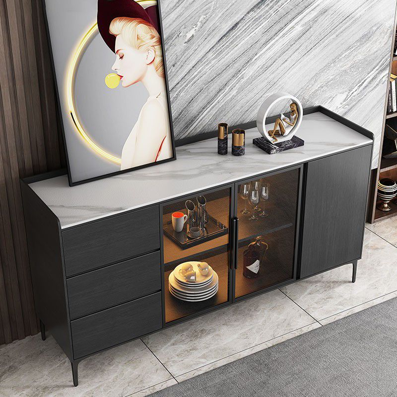 Stone moderno 33,4 "H buffet a buffet a 3 cassetti a 3 cassetto server buffet con porte di vetro
