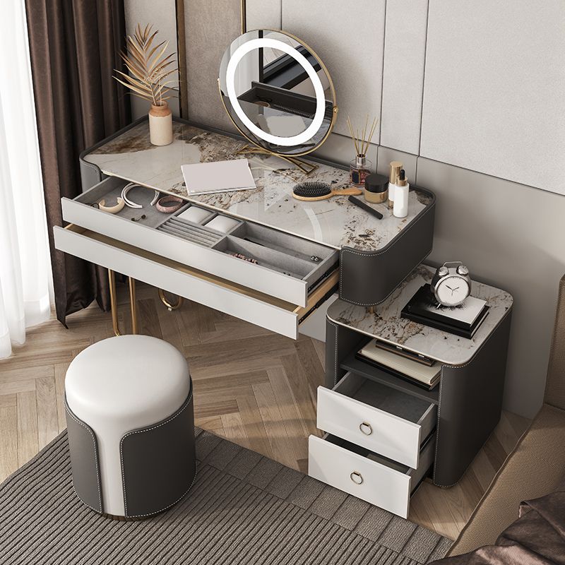 Glam Holz Make-up Eitelkeit 4 Schubladen Schiefer Top-Schminktischhocker Set