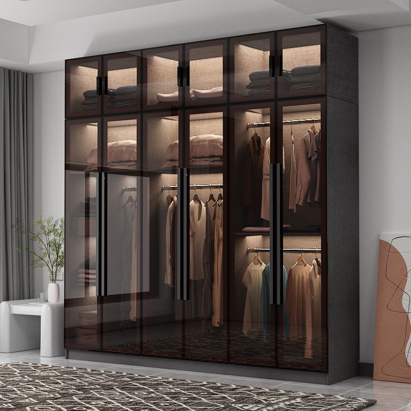 Modern Glass Hinged Doors Wardrobe Armoire Wood Frame Wardrobe with Shelves without Light