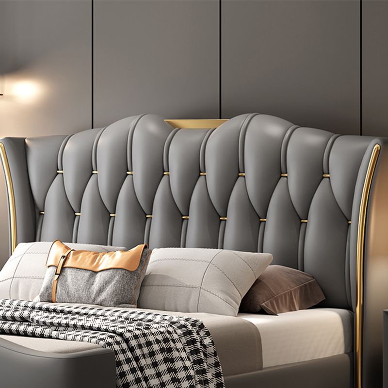 Glam Wood Standard Lit Faux Cadre de lit en cuir avec tête de lit rembourrée pour chambre à coucher