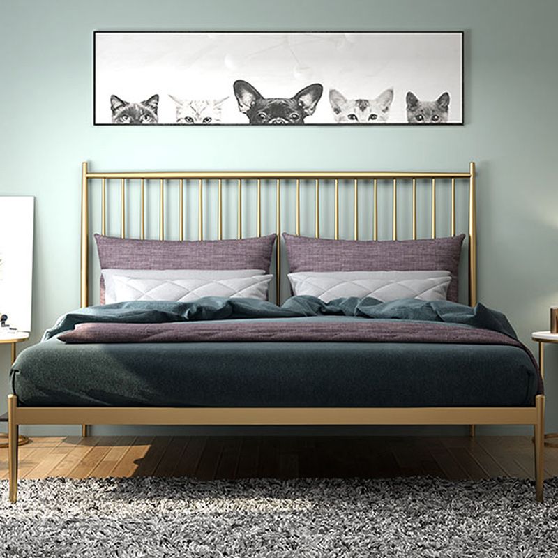 Metal and Wood Standard Bed Rectangular Slat Bed with Headboard