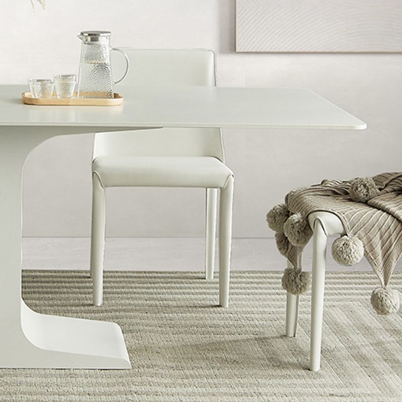 Mesa de comedor de piedra blanca y acero, mesa de comedor informal con pedestal rectangular