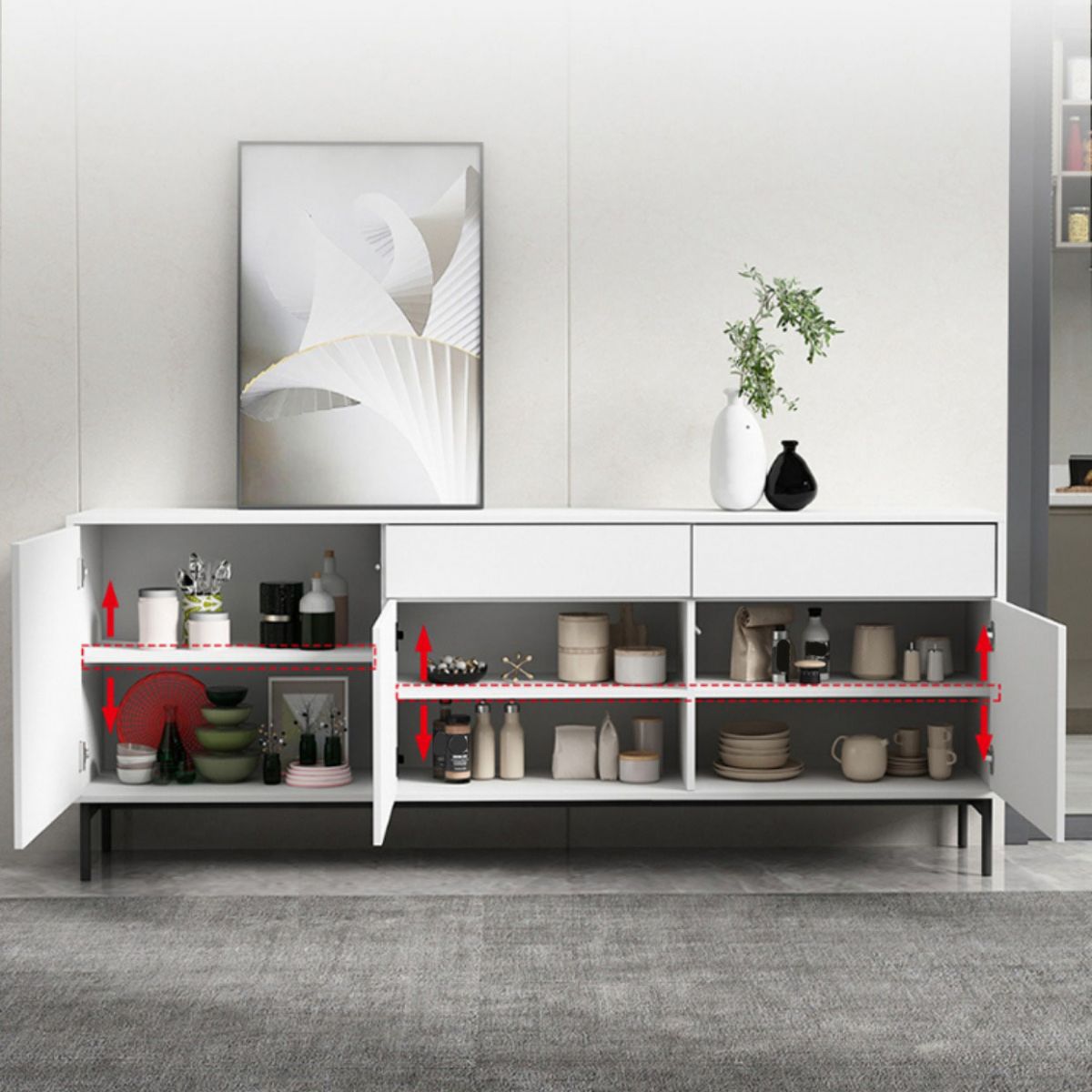 Server di legno ingegnerizzato bianco server contemporaneo con cassetti e porte