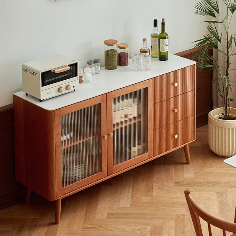 Stone Top Sideboard Modern Cherry Wood with Glass Door in Teak Clearhalo 'buffet_sideboard' 'Buffets & Sideboards' 'furn' 'furn_buffet_sideboard' 'Furniture' 'Kitchen & Dining Furniture' 1200x1200_34080931-cb4d-4c5f-b138-503479bc64ea