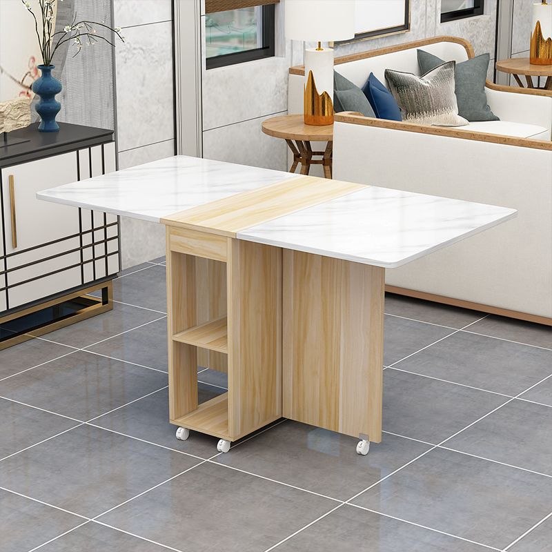 Foldable Artificial Wooden Top Table Extendable Rectangle Table with Storage Trestle Base Clearhalo ' dining_table' 'Dining Tables & Seating' 'Dining Tables' 'furn' 'furn_dining_table' 'Furniture' 'furniture_dining_table' 'Kitchen & Dining Furniture' 'kitchen&dining_furn' 'kitchen' 'kitchen_dining_table' 1200x1200_341e8e4f-80dd-43a1-8b35-d1eff71fe20b